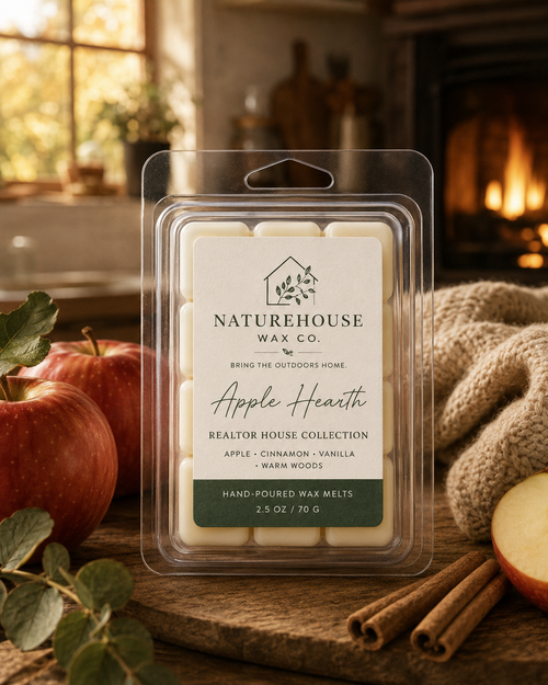 Apple Hearth Wax Melts in clear packaging displayed on a wooden surface with cinnamon sticks and fresh apples nearby, evoking a warm and cozy ambiance.