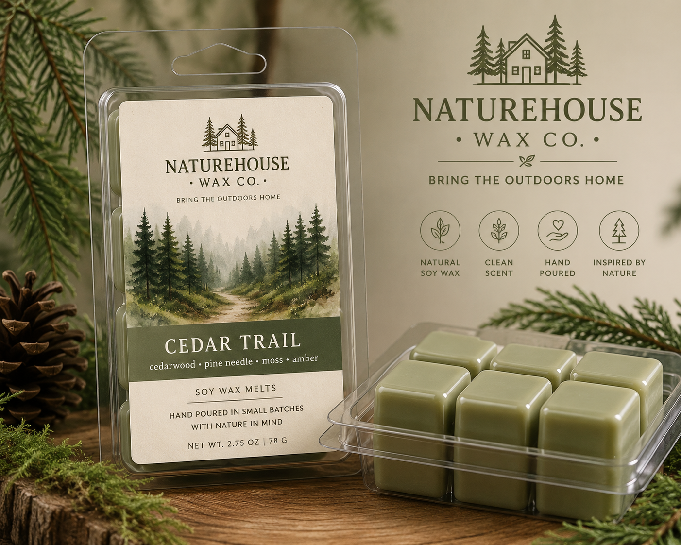 Cedar Trail Soy Candle & Wax Melts | Naturehouse Wax Company featuring eco-friendly soy wax melts in green tones with cedarwood, pine needle, moss, and amber scents, hand poured and inspired by nature.