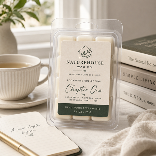 Clear clamshell package of Chapter One Wax Melts by Naturehouse Wax Company placed on a cozy tabletop setting with books, a notebook, and a cup of tea in the background.