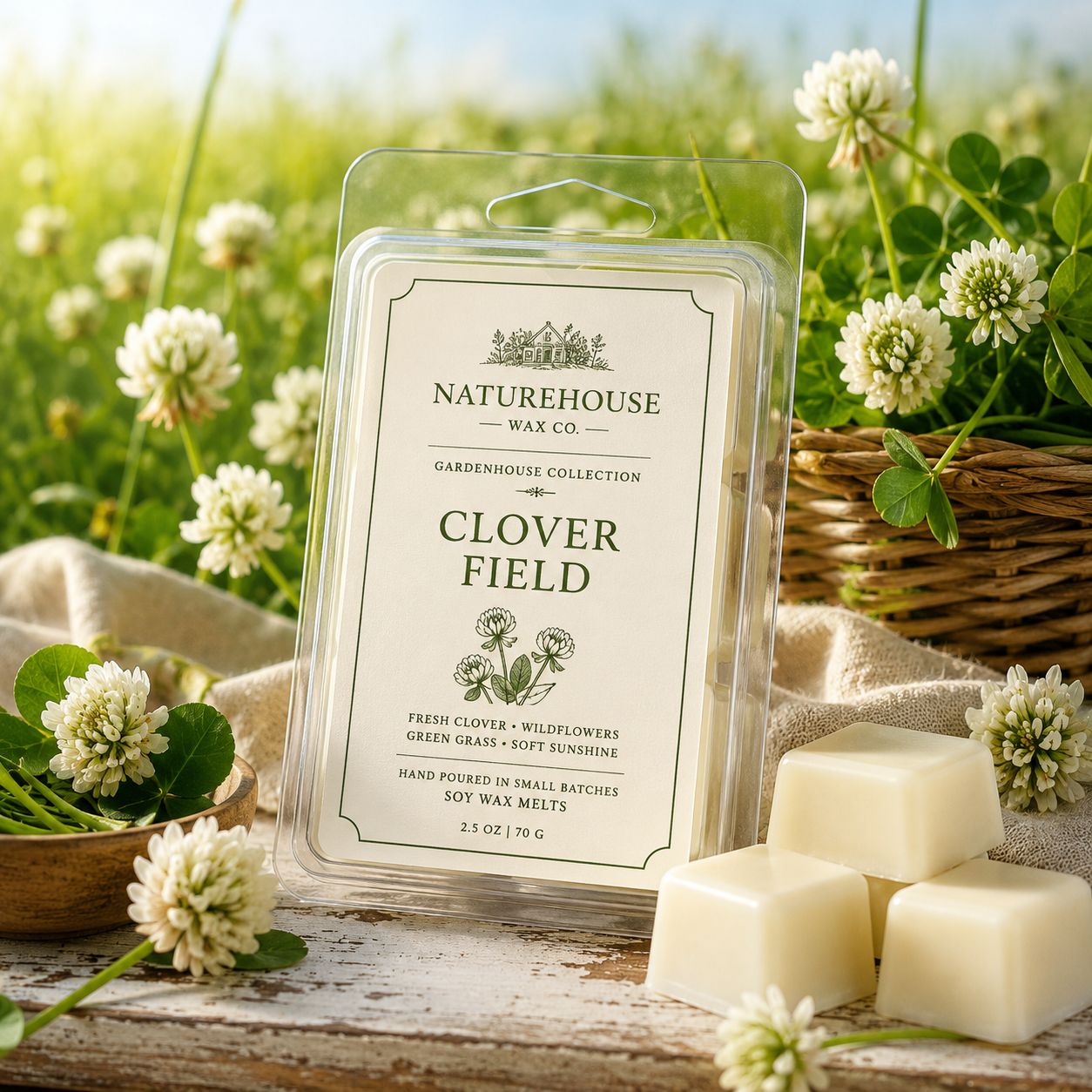 Clear plastic package of Clover Field Wax Melts by Naturehouse Wax Company surrounded by white clover flowers and a basket on a rustic wooden surface in natural light