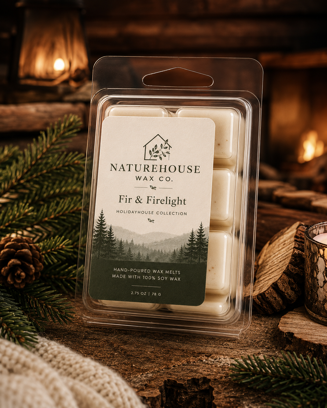 Fir & Firelight Wax Melts hand-poured from natural soy wax in a rustic setting with pine branches and warm firelight, evoking a cozy, eco-friendly atmosphere.