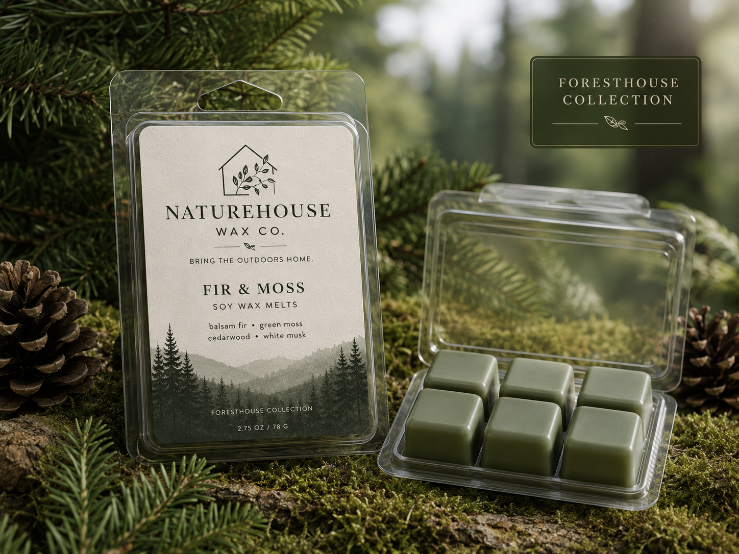 Fir & Moss Wax Melts by Naturehouse Wax Co., green soy wax cubes with scents of balsam fir, cedarwood, green moss, and white musk, displayed on natural moss with pinecones and evergreen branches.