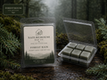 Forest Rain Wax Melts with a nature-inspired scent, showcasing six green wax tarts in an open clear container, set against a mossy forest background.