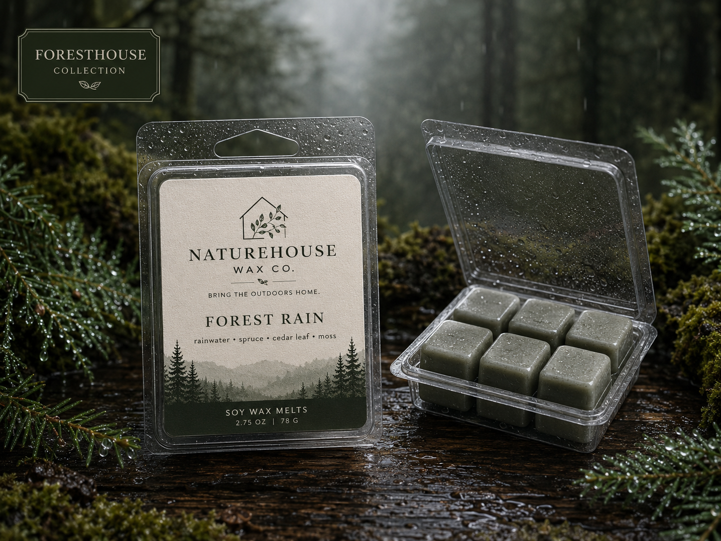 Forest Rain Wax Melts with a nature-inspired scent, showcasing six green wax tarts in an open clear container, set against a mossy forest background.