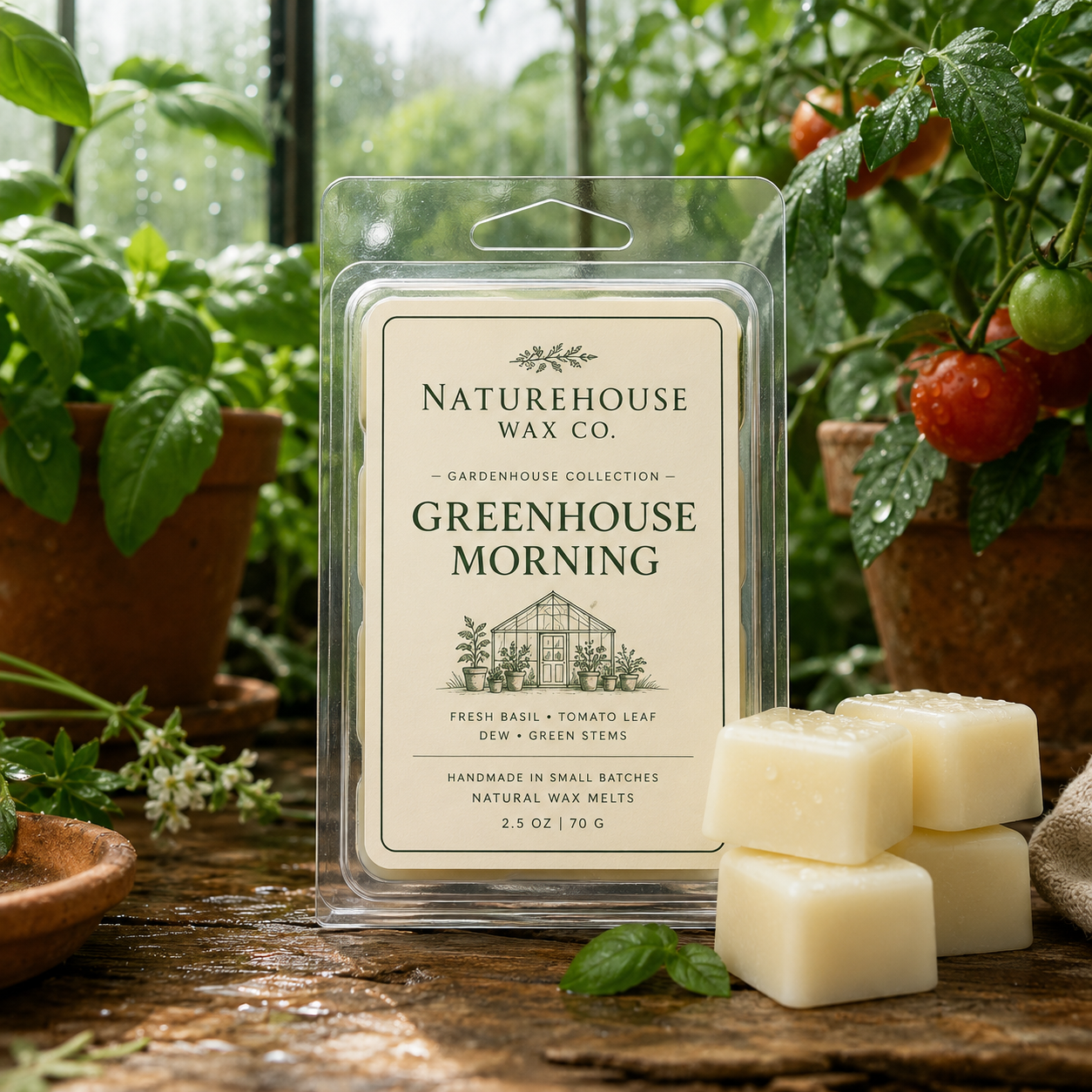 Greenhouse Morning Wax Melts packaging displayed on a wooden surface surrounded by fresh green plants and ripe tomatoes in a greenhouse setting, highlighting natural and hand-poured wax tarts.