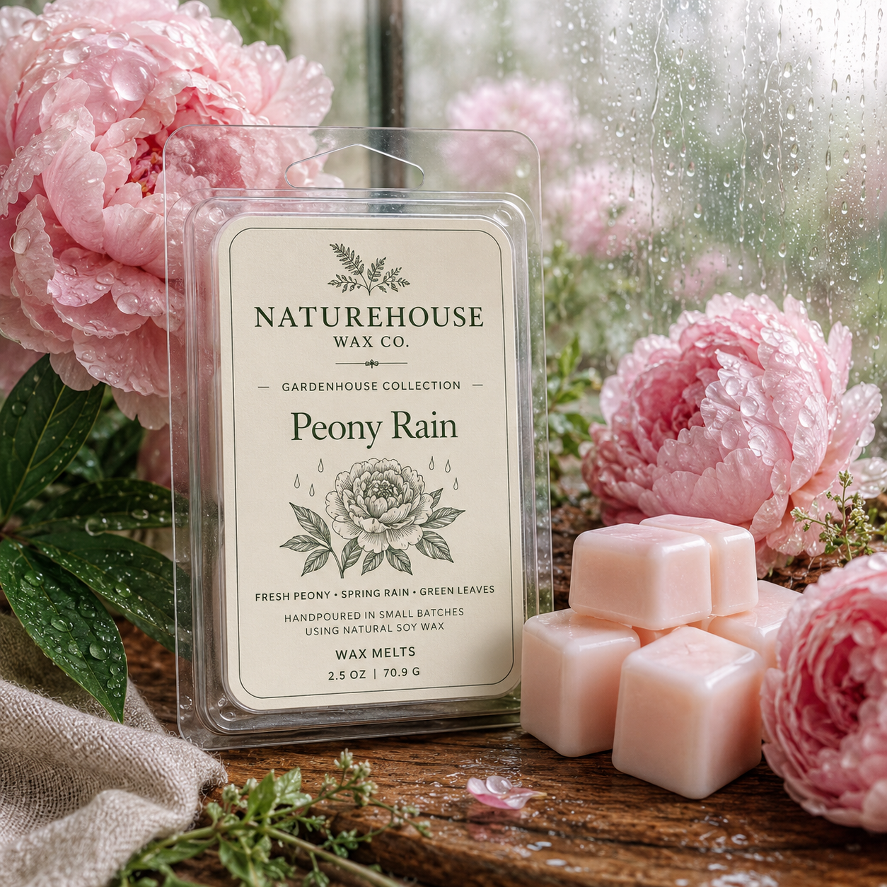 Peony Rain Wax Melts packaging surrounded by fresh pink peony flowers with dewdrops, placed on a wooden surface near a rain-speckled window, evoking a natural and soothing ambiance.