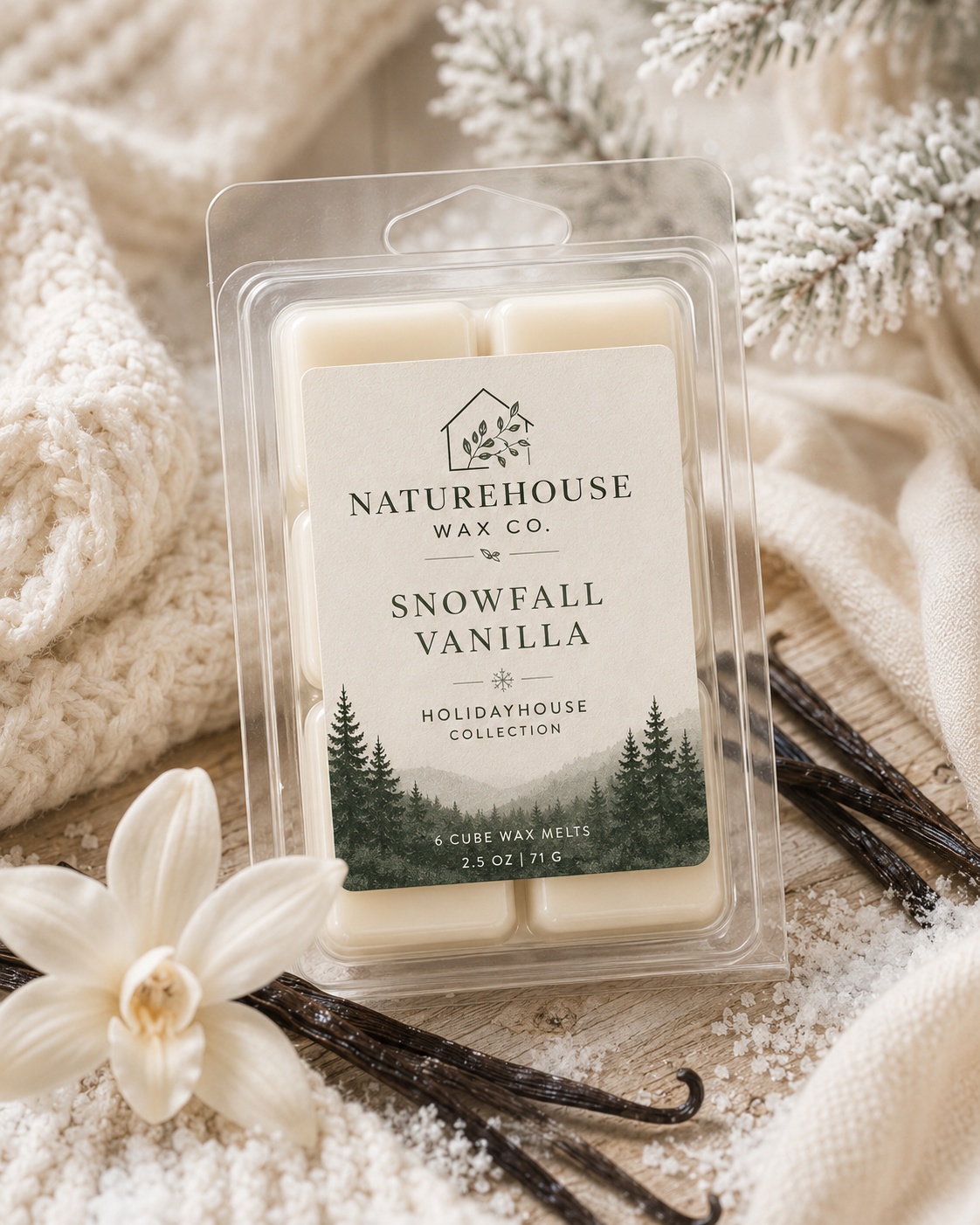 Snowfall Vanilla Snow Melts package surrounded by vanilla beans, a vanilla flower, and cozy knit fabric, evoking a warm, natural, and eco-friendly ambiance.