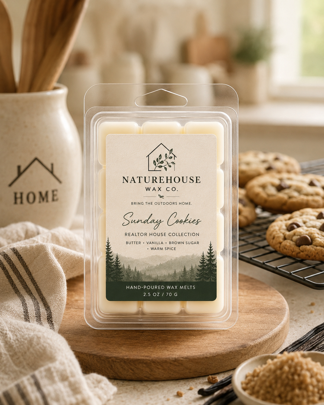 Sunday Cookies Wax Melts packaged in clear clamshell with nature-inspired label, displayed on wooden surface in cozy kitchen setting with freshly baked cookies and rustic decor.