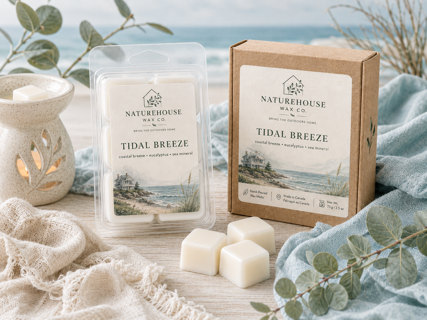 Tidal Breeze Wax Melts packaging by Naturehouse Wax Company displayed with wax cubes and a ceramic wax warmer, styled with natural elements evoking a coastal, fresh scent.