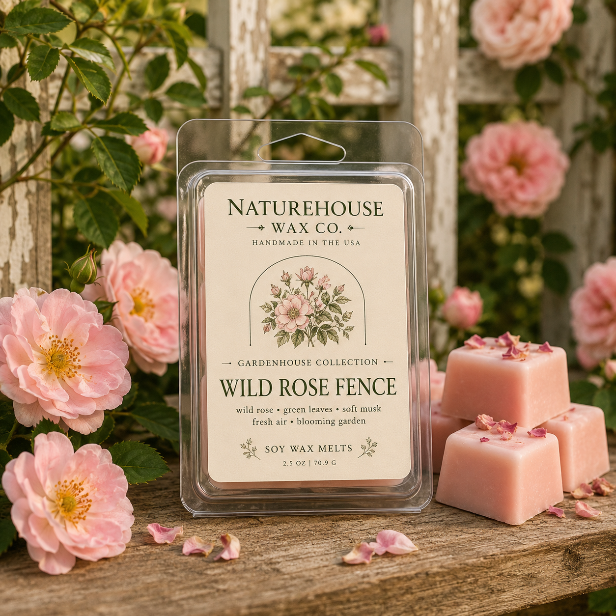 Wild Rose Fence Wax Melts package displayed on a rustic wooden surface surrounded by pink wild rose flowers and four pink wax tarts with dried rose petals on top, evoking a fresh blooming garden ambiance.
