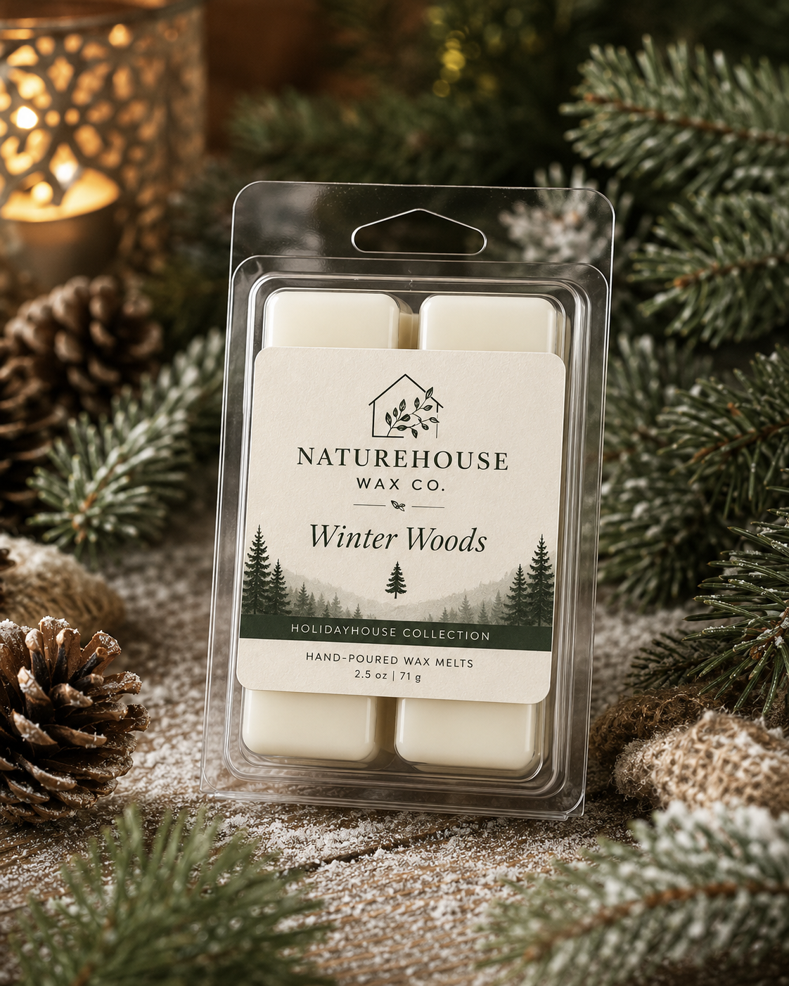 Clear clamshell package containing Winter Woods Wax Melts from Naturehouse Wax Company surrounded by pinecones, evergreen branches, and cozy rustic decor.