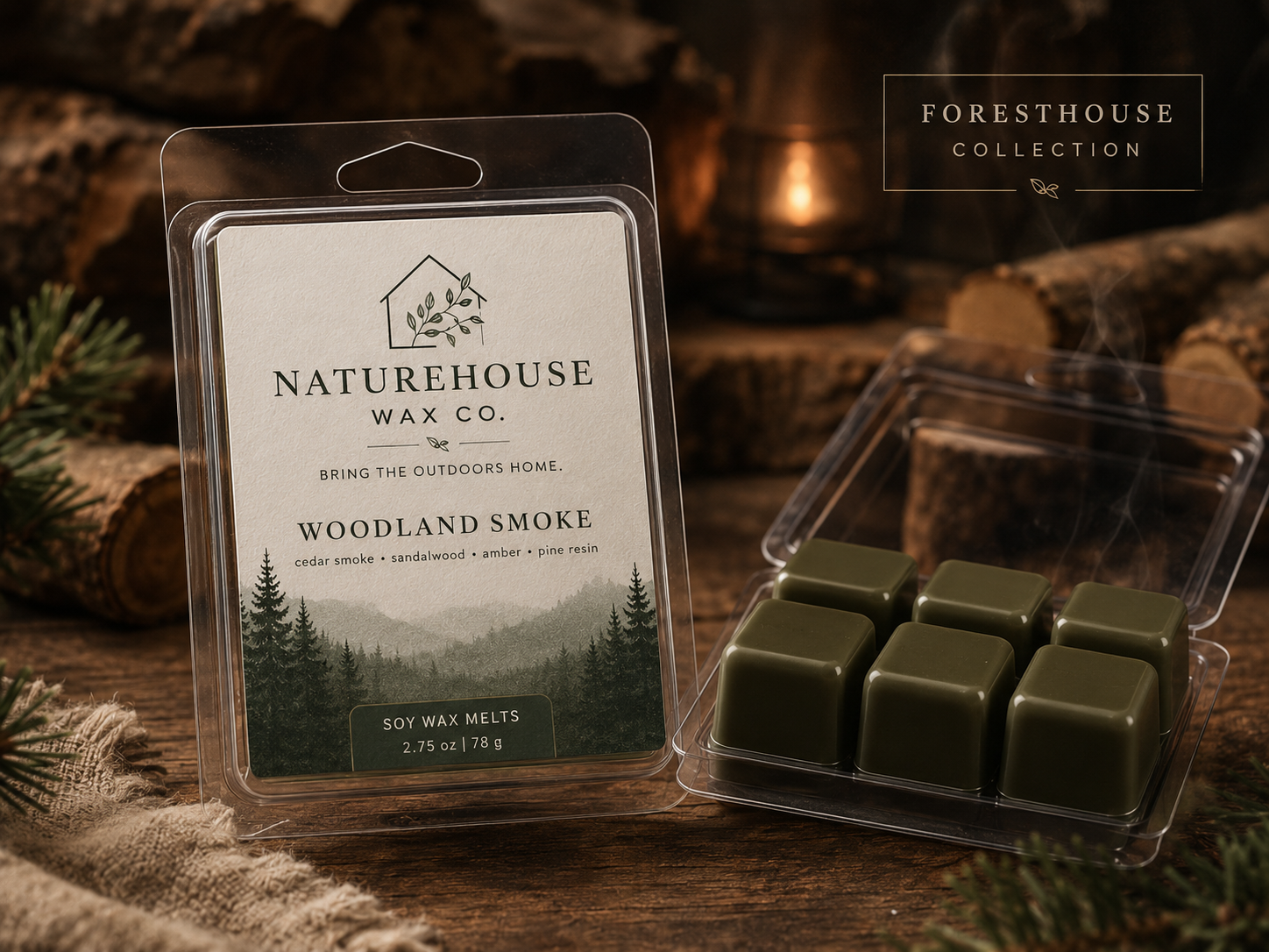 Woodland Smoke Wax Melts by Naturehouse Wax Company, eco-friendly soy wax melts in earthy green tones, featuring cedar smoke, sandalwood, amber, and pine resin scents.
