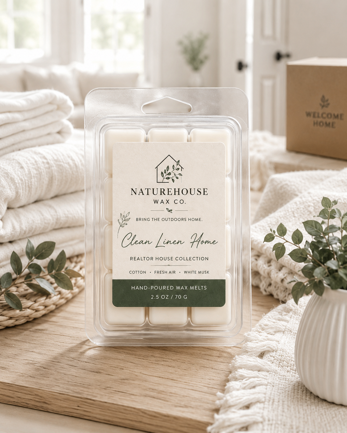 Clean Linen Home Wax Melts by Naturehouse Wax Company, hand-poured wax tarts with cotton, fresh air, and white musk scents, displayed in a cozy, natural home setting.