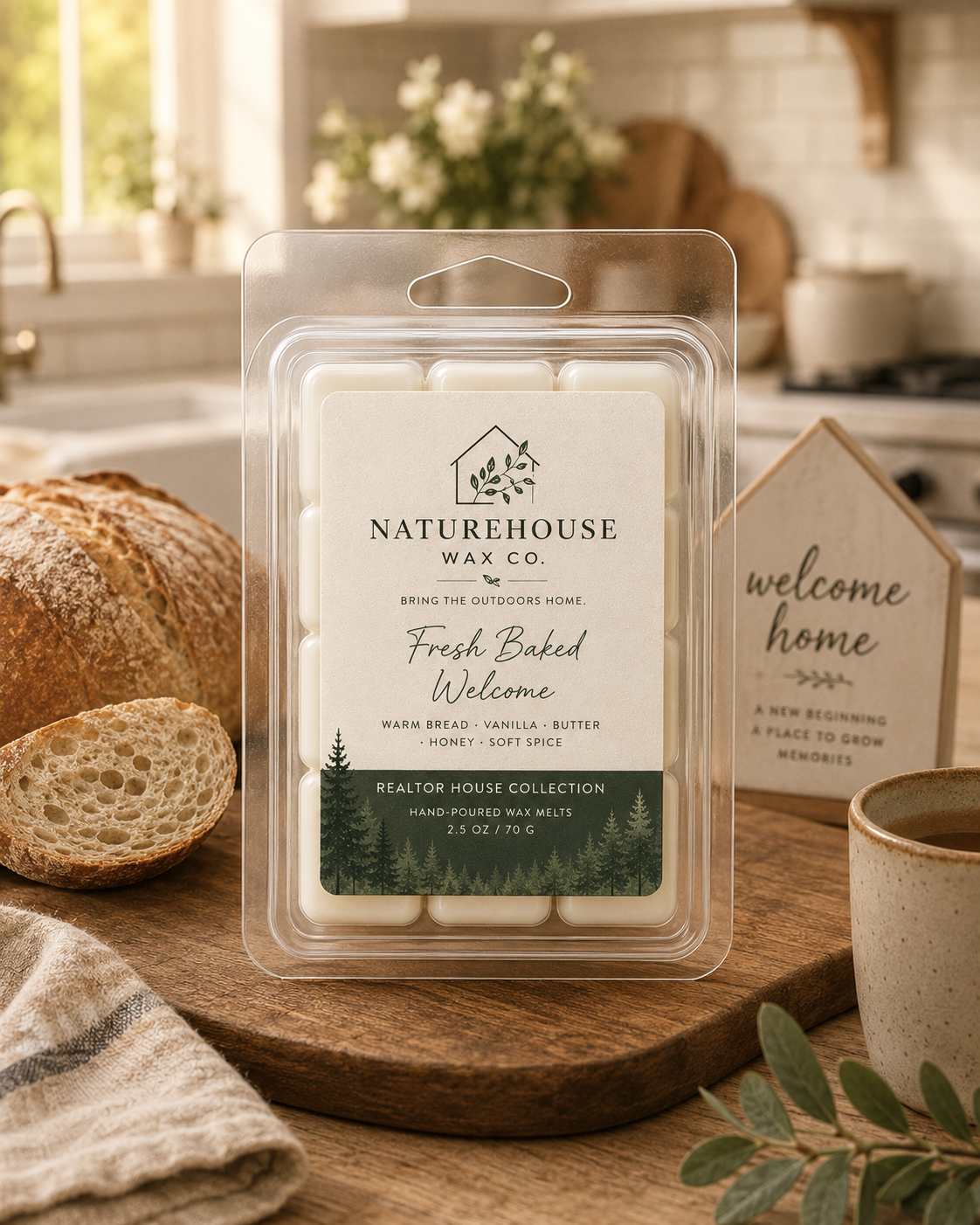 Clear packaging of Fresh Baked Welcome Wax Melts by Naturehouse Wax Company displayed on a wooden board in a cozy kitchen setting with bread, a cup, and a welcome home sign.