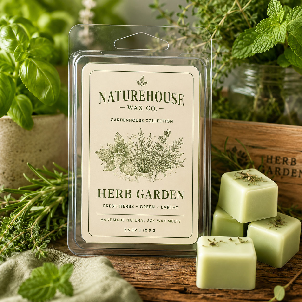 Clear clamshell packaging of Herb Garden Wax Melts surrounded by fresh green herbs, with pale green hand-poured wax tarts topped with dried herbs beside it.