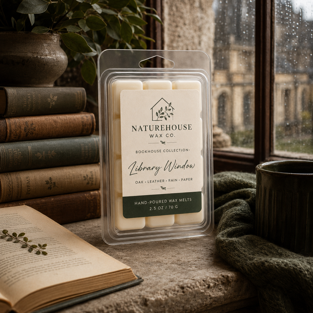 Library Window Wax Melts by Naturehouse Wax Co placed on a windowsill next to vintage books and a green ceramic mug, with a cozy blanket and rainy window background.