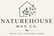 Minimalist logo with a thin line drawing of a house partially covered by a leafy branch above the text Naturehouse Wax Co. and the tagline Bring the outdoors home on a light background.