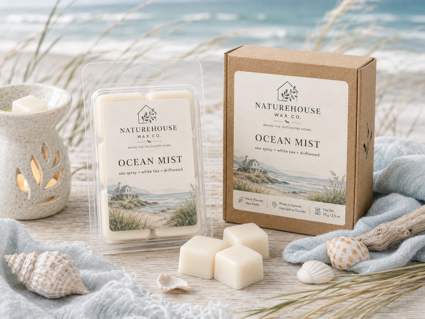 Ocean Mist Wax Melts displayed beside a natural wax warmer, surrounded by seashells and driftwood, evoking a calming coastal atmosphere with sea spray and white tea scent.