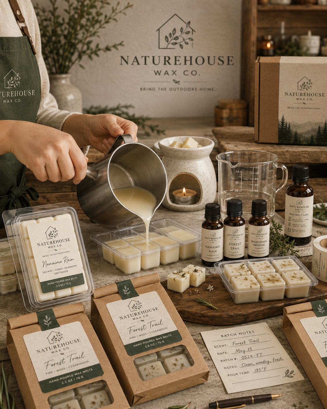 Person pouring melted wax into a clear mold surrounded by various packaged hand-poured wax melts, essential oil bottles, and a lit wax warmer, all branded with Naturehouse Wax Co. logos.