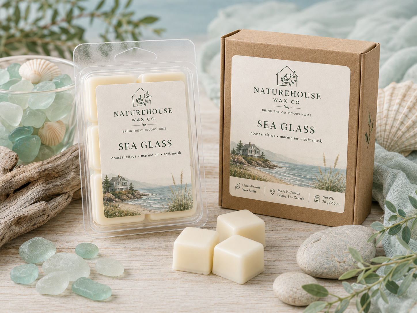 Sea Glass Wax Melts by Naturehouse Wax Company, hand poured, eco-friendly wax tarts with coastal citrus, marine air, and soft musk scent, displayed with natural sea glass and driftwood.